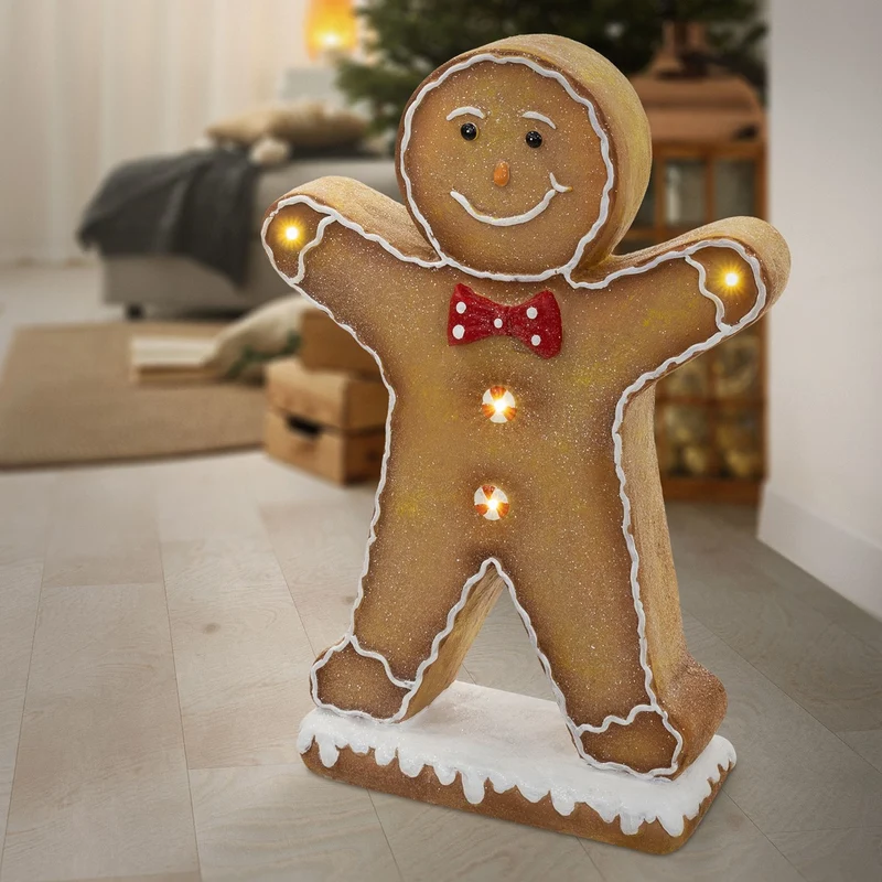 ECD GERMANY | Lebkuchenmann-Figur mit LED-Beleuchtung 75 cm, Braun, Weihnachtsdeko Innen, Lebkuchenfigur mit Fliege, Weihnachtsfigur Batteriebetrieben
