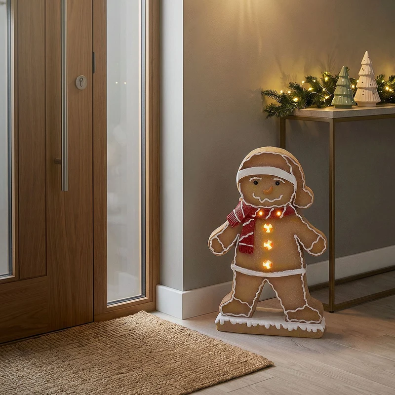 ECD GERMANY | Lebkuchenmann-Figur mit LED-Beleuchtung 76 cm Braun Weihnachtsdeko Innen Lebkuchenfigur Mütze & Schal Weihnachtsfigur Batteriebetrieben