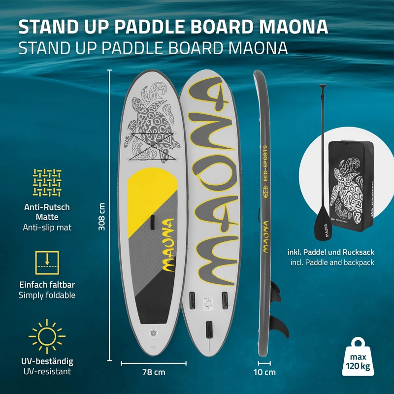 Stand Up Paddle aufblasbares SUP Board Maona 308x76x10 cm in Grau aus PVC inkl. Pumpe und Tragetasche