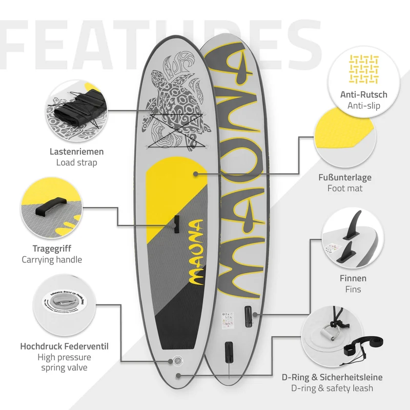 Stand Up Paddle aufblasbares SUP Board Maona 308x76x10 cm in Grau aus PVC inkl. Pumpe und Tragetasche