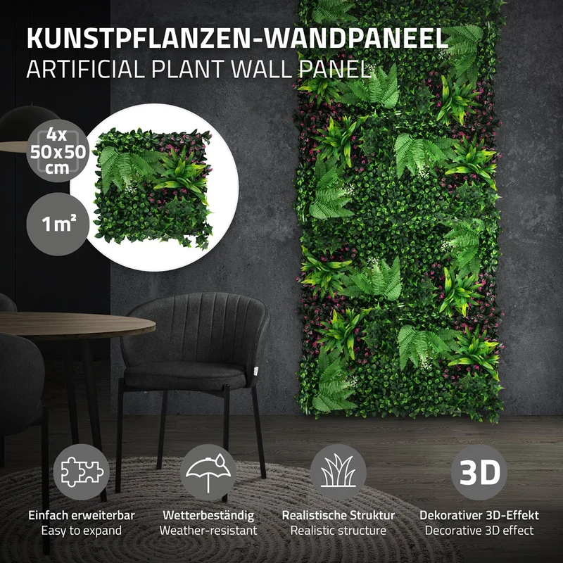 ECD Germany | Künstliche Pflanzenwand Jungle Fern 4er Set 50x50 cm Grün Kunstpflanzen Wandpaneele Indoor OutdoorBlumenwand Sichtschutz Wandpflanzen