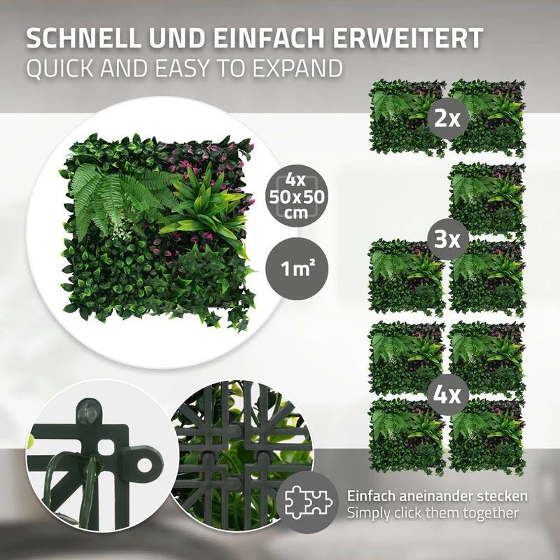 ECD Germany | Künstliche Pflanzenwand Jungle Fern 4er Set 50x50 cm Grün Kunstpflanzen Wandpaneele Indoor OutdoorBlumenwand Sichtschutz Wandpflanzen