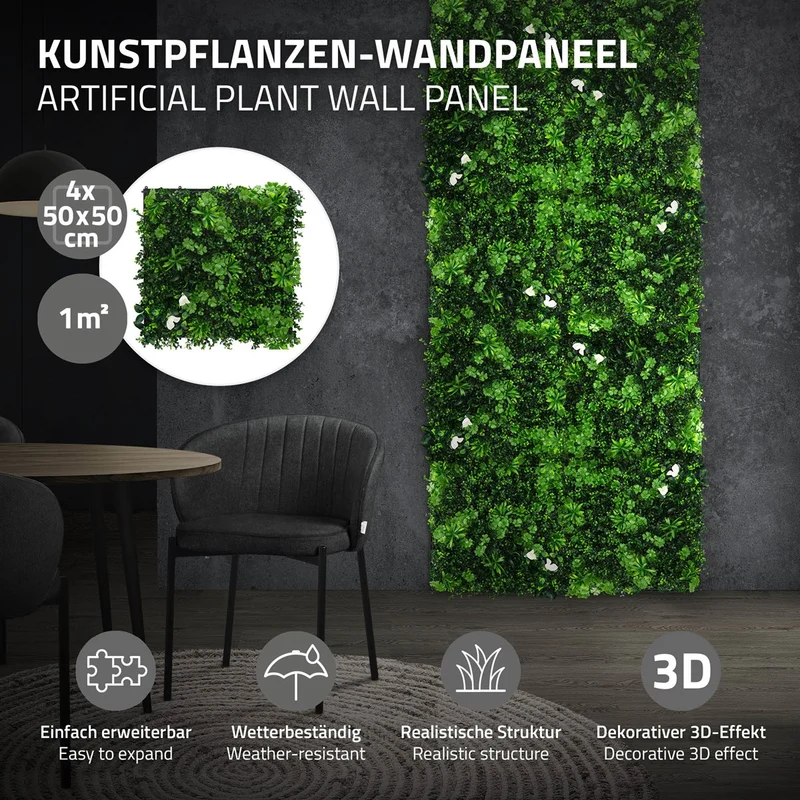 ECD Germany | Künstliche Pflanzenwand White Jasmine 4er Set 50x50 cm Grün Kunstpflanzen Wandpaneele Indoor Outdoor Blumenwand Sichtschutz Wandpflanzen