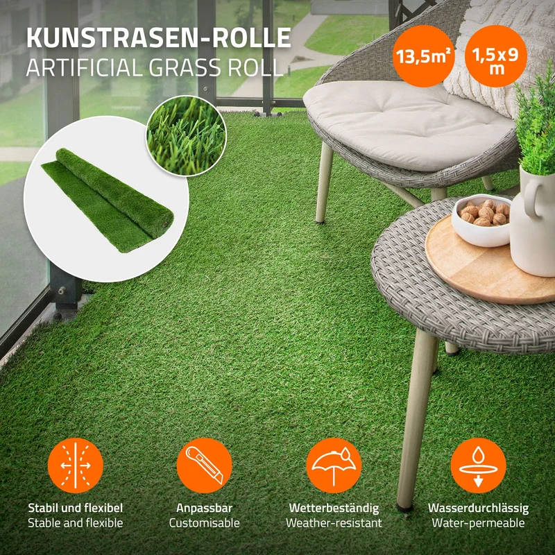 Rasenteppich Kunstrasen-Rolle 150x900 cm 13,5m² Grün, wetterfest, 18mm, Grasmatte Meterware, Kunstgras