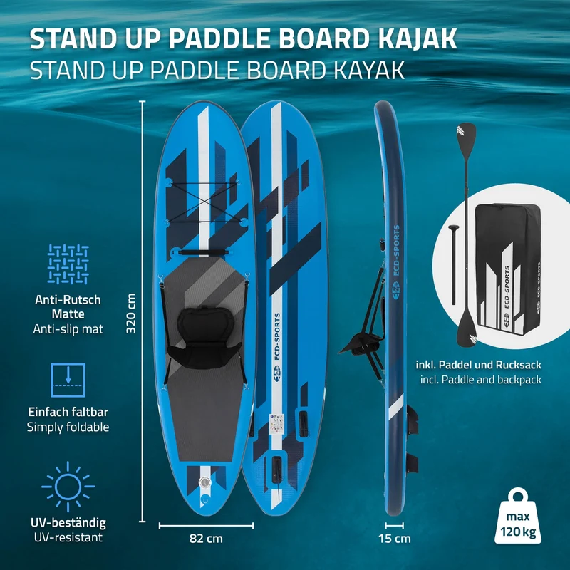 B-Ware Aufblasbares Stand Up Paddle Board mit Kajak Sitz 320x82x15 cm Blau aus PVC
