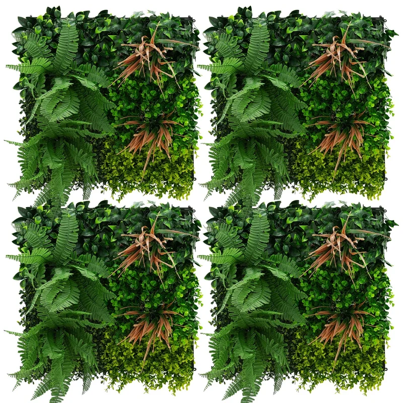ECD Germany | Künstliche Pflanzenwand 4er Set 50x50 cm Grün Kunstpflanzen Wandpaneele Indoor Outdoor Blumenwand Sichtschutz Wandpflanzen