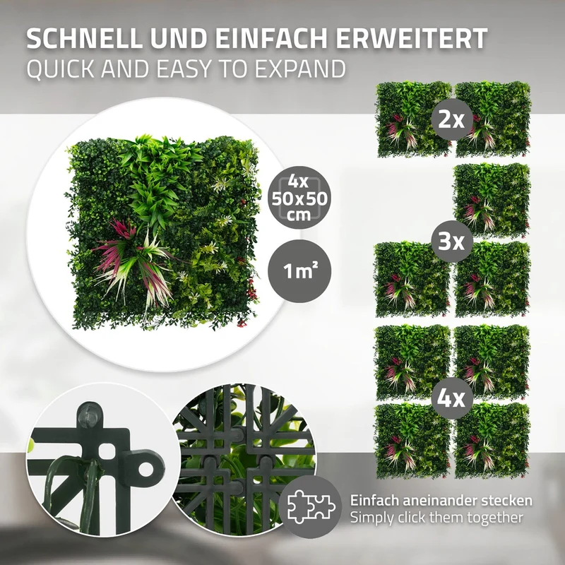 ECD Germany | Künstliche Pflanzenwand 4er Set 50x50 cm Grün Kunstpflanzen Wandpaneele Indoor Outdoor Blumenwand Sichtschutz Wandpflanzen