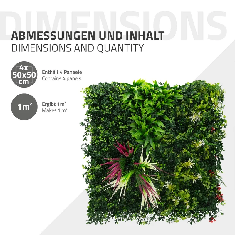 ECD Germany | Künstliche Pflanzenwand 4er Set 50x50 cm Grün Kunstpflanzen Wandpaneele Indoor Outdoor Blumenwand Sichtschutz Wandpflanzen