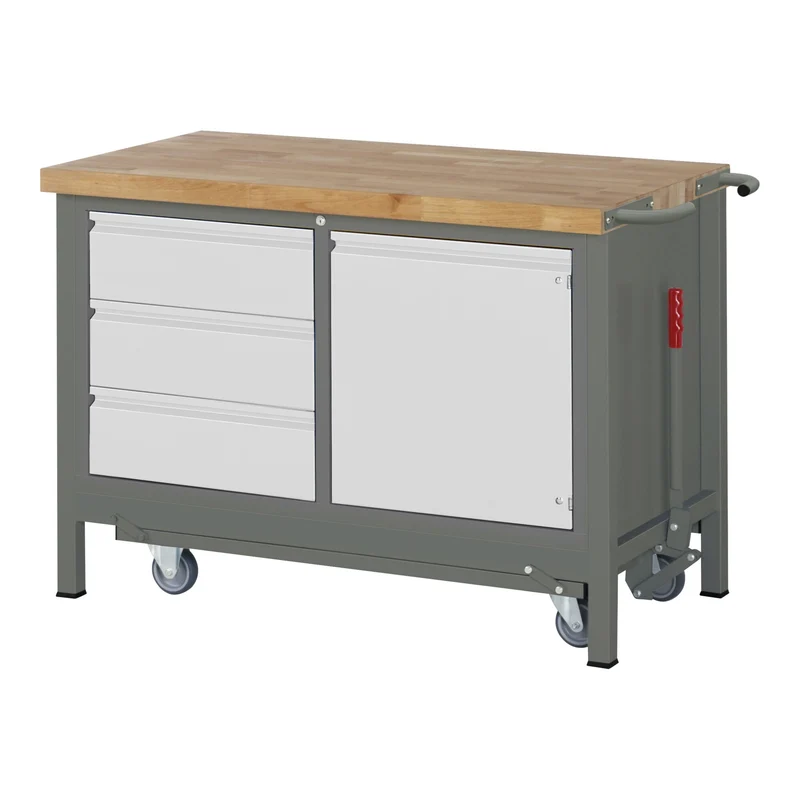 STIER Werkbank Premium mit abs. Fahrgestell, 2 Schubladen und 2 Flügeltüren BxTxH 1250x700x880mm