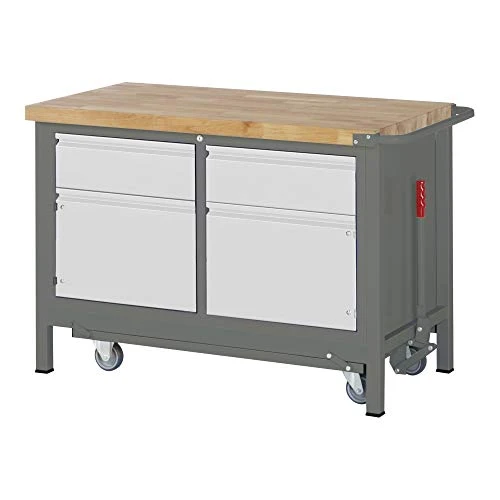 STIER Werkbank Premium mit abs. Fahrgestell, 2 Schubladen und 2 Flügeltüren BxTxH 1250x700x880mm