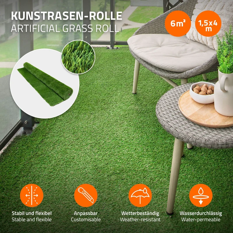 Rasenteppich Kunstrasen-Rolle 150x400 cm 6m² Grün, wetterfest, 18mm, Grasmatte Meterware, Kunstgras