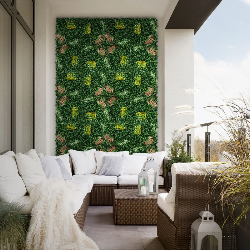 ECD Germany | Künstliche Pflanzenwand Copper Leaf 4er Set 50x50 cm Grün Kunstpflanzen Wandpaneele Indoor Outdoor Blumenwand Sichtschutz Wandpflanzen
