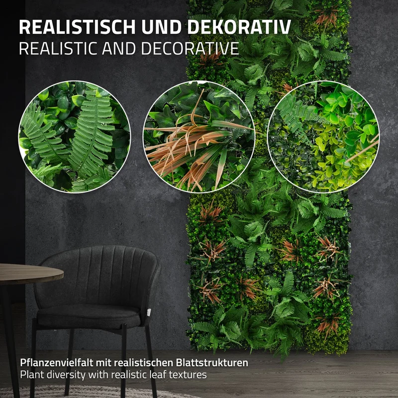 ECD Germany | Künstliche Pflanzenwand Tropical Mix 4er Set 50x50 cm Grün Kunstpflanzen Wandpaneele Indoor Outdoor Blumenwand Sichtschutz Wandpflanzen