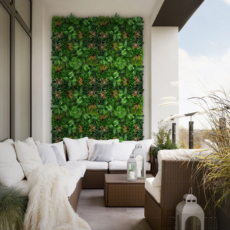 ECD Germany | Künstliche Pflanzenwand Tropical Mix 4er Set 50x50 cm Grün Kunstpflanzen Wandpaneele Indoor Outdoor Blumenwand Sichtschutz Wandpflanzen