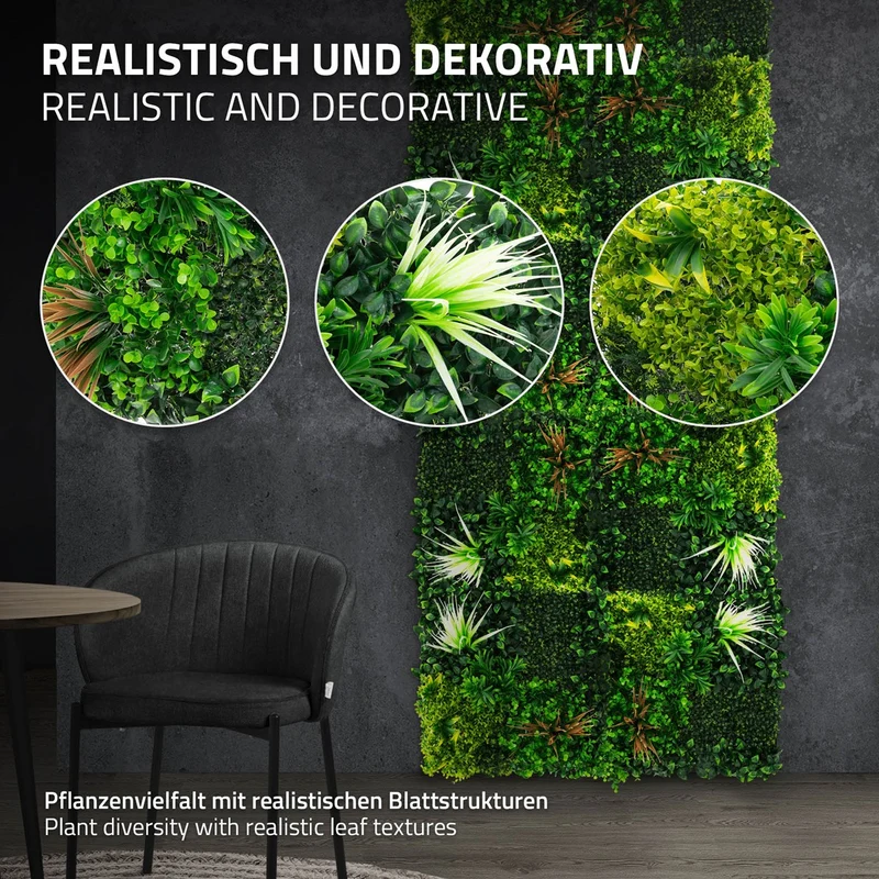 ECD Germany | Künstliche Pflanzenwand Sunburst 4er Set 50x50 cm Grün Kunstpflanzen Wandpaneele Indoor Outdoor Blumenwand Sichtschutz Wandpflanzen