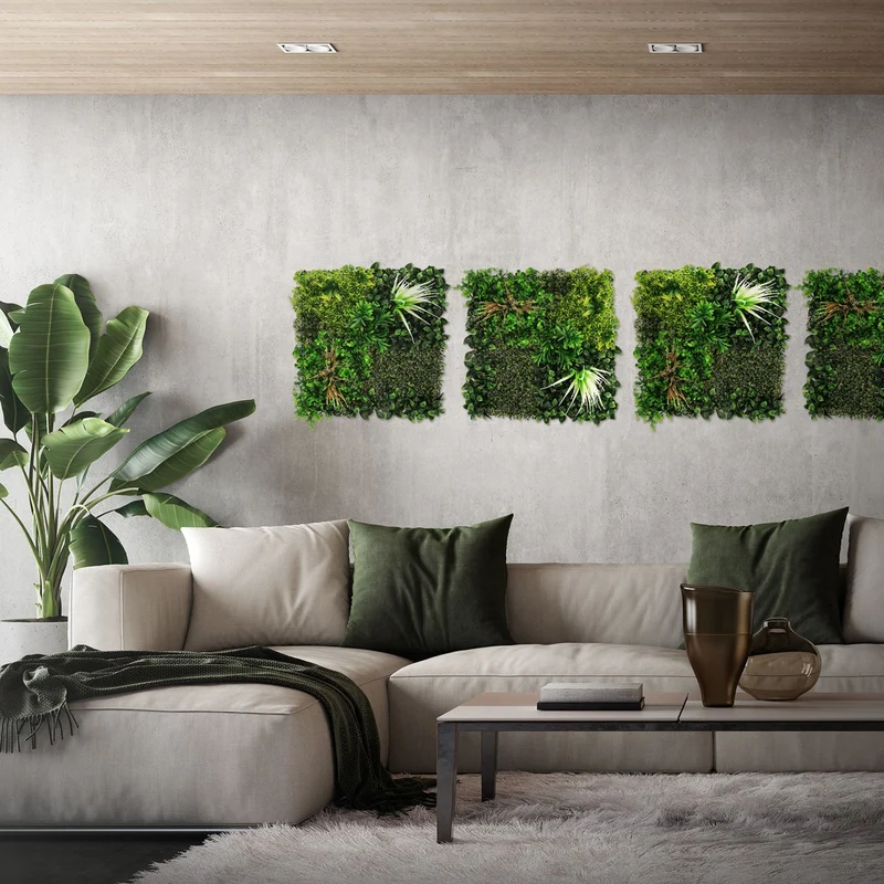 ECD Germany | Künstliche Pflanzenwand Sunburst 4er Set 50x50 cm Grün Kunstpflanzen Wandpaneele Indoor Outdoor Blumenwand Sichtschutz Wandpflanzen