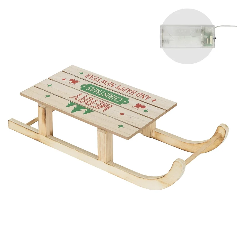 ECD Germany | Weihnachtsschlitten mit warmweißen LED, Braun, aus Holz, Weihnachtsdeko mit Timer, Batteriebetrieb