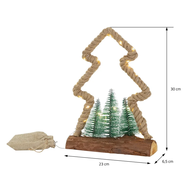 ECD Germany | LED Weihnachtsbaum aus Juteseil, Standfigur, Weihnachtsdeko mit warmweißen LEDs, 3 Tannen und Jutesäckchen, Batteriebetrieb mit Timer