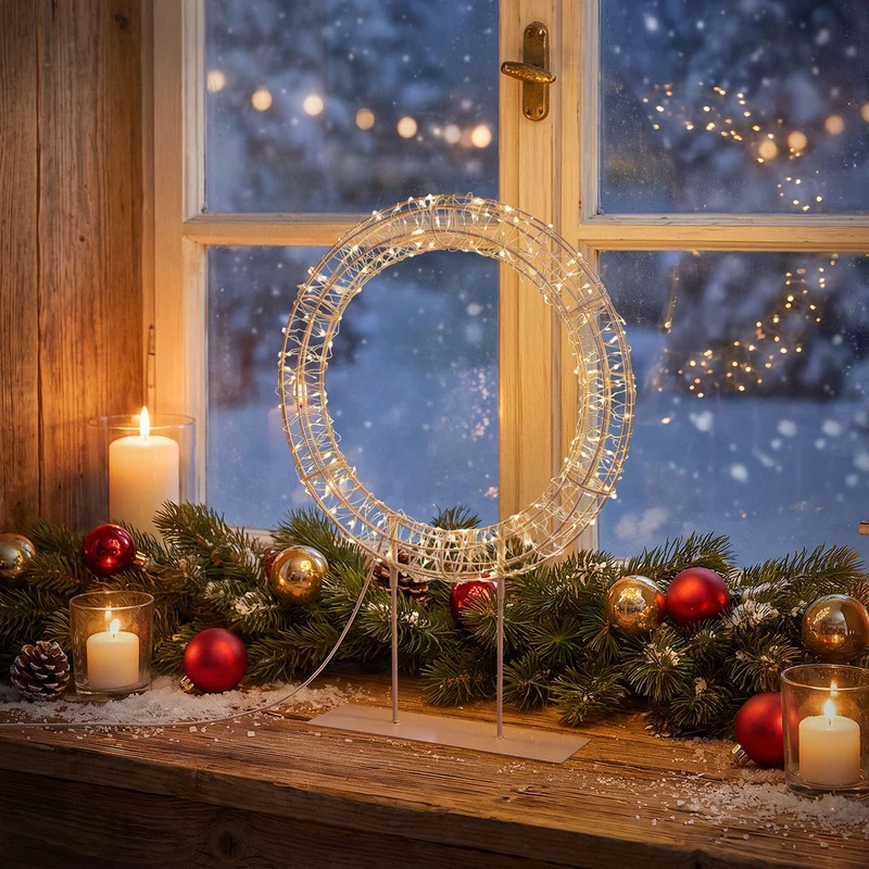 ECD Germany | LED Weihnachtskranz mit Sockel Metall Warmweiß Kranz Lichterkranz Weihnachtsdeko mit Lichterkette Weihnachtsbeleuchtung Außen