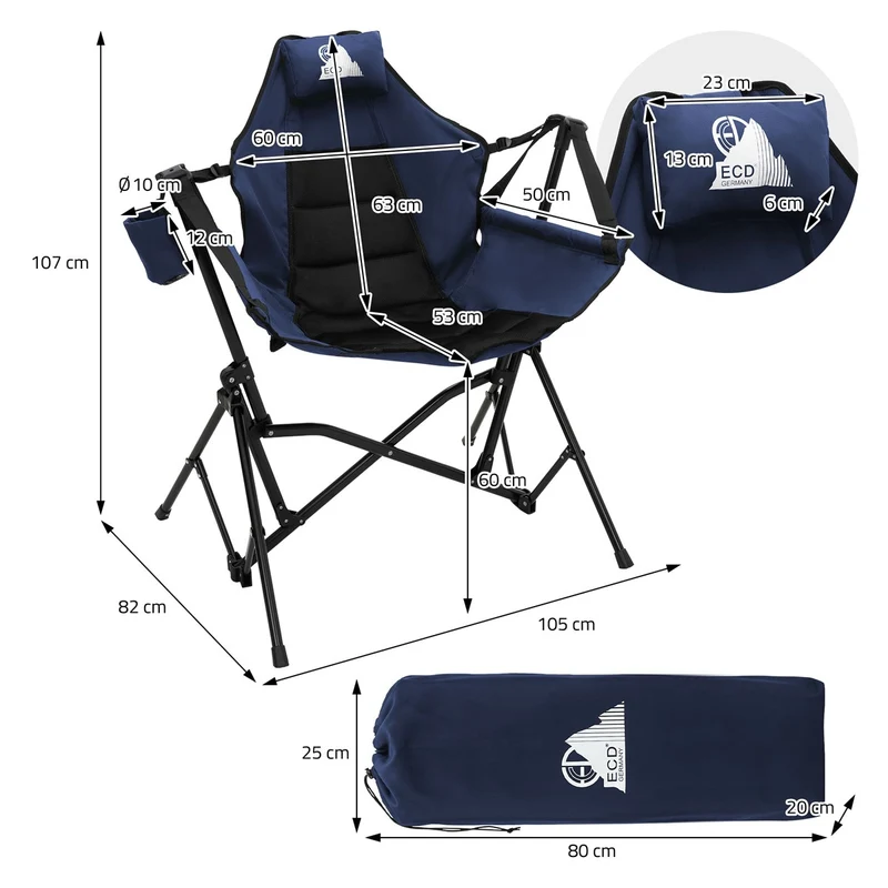 ECD GERMANY | Campingstuhl faltbar mit Stahlgestell Blau Schaukelstuhl bis 150kg Angelstuhl Klappstuhl mit verstellbarer Rückenlehne Faltstuhl Outdoor