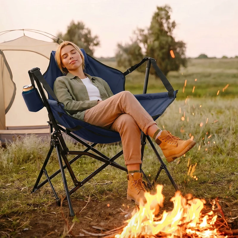 ECD GERMANY | Campingstuhl faltbar mit Stahlgestell Blau Schaukelstuhl bis 150kg Angelstuhl Klappstuhl mit verstellbarer Rückenlehne Faltstuhl Outdoor