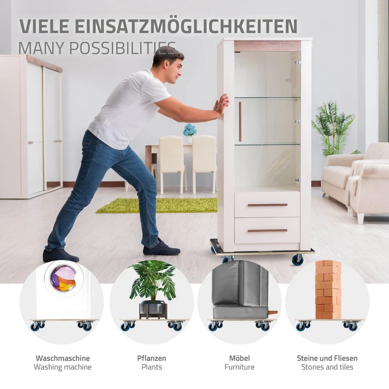2er Set Rollbrett Möbelroller 60 x 80 cm aus Multiplex mit Feststellbremsen Tragkraft 800 kg