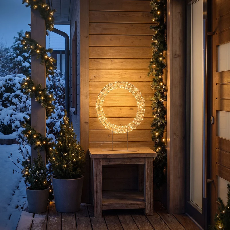 ECD Germany | LED Weihnachtskranz mit Sockel 41,5 cm Metall Warmweiß Kranz Lichterkranz Weihnachtsdeko mit Lichterkette Weihnachtsbeleuchtung Außen