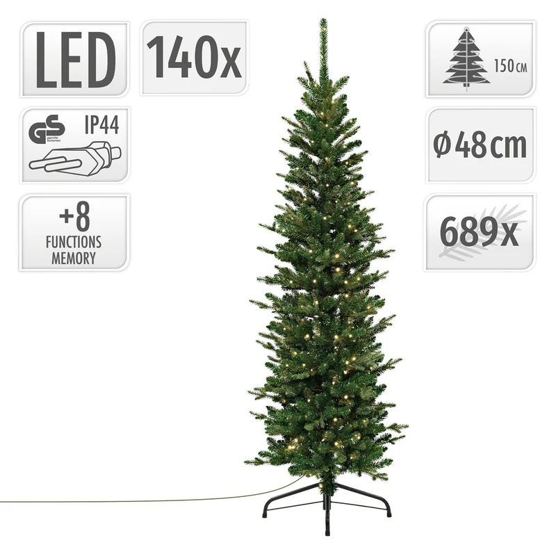 ECD Germany | Künstlicher Weihnachtsbaum Naturgetreu mit Lichterkette Grün Tannenbaum mit Standfuß Weihnachtsdeko Christbaum schmal