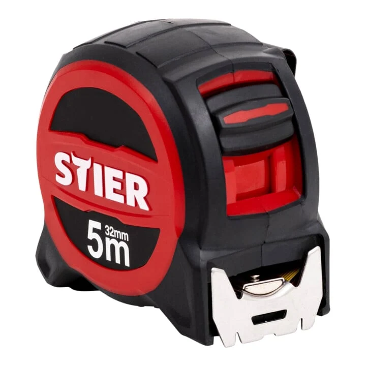 STIER Premium Taschenbandmaß | 5 m x 32 mm | mit Magnet und Edelstahlhaken für sicheren Halt | mit Gürtelclip