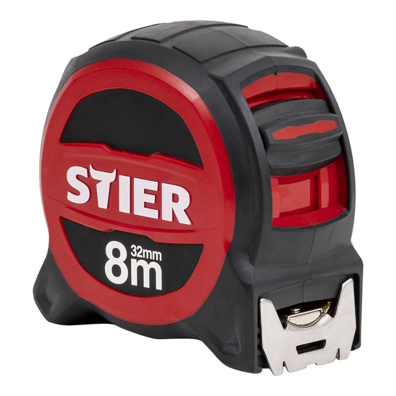 STIER Premium Taschenbandmaß | 5 m x 32 mm | mit Magnet und Edelstahlhaken für sicheren Halt | mit Gürtelclip