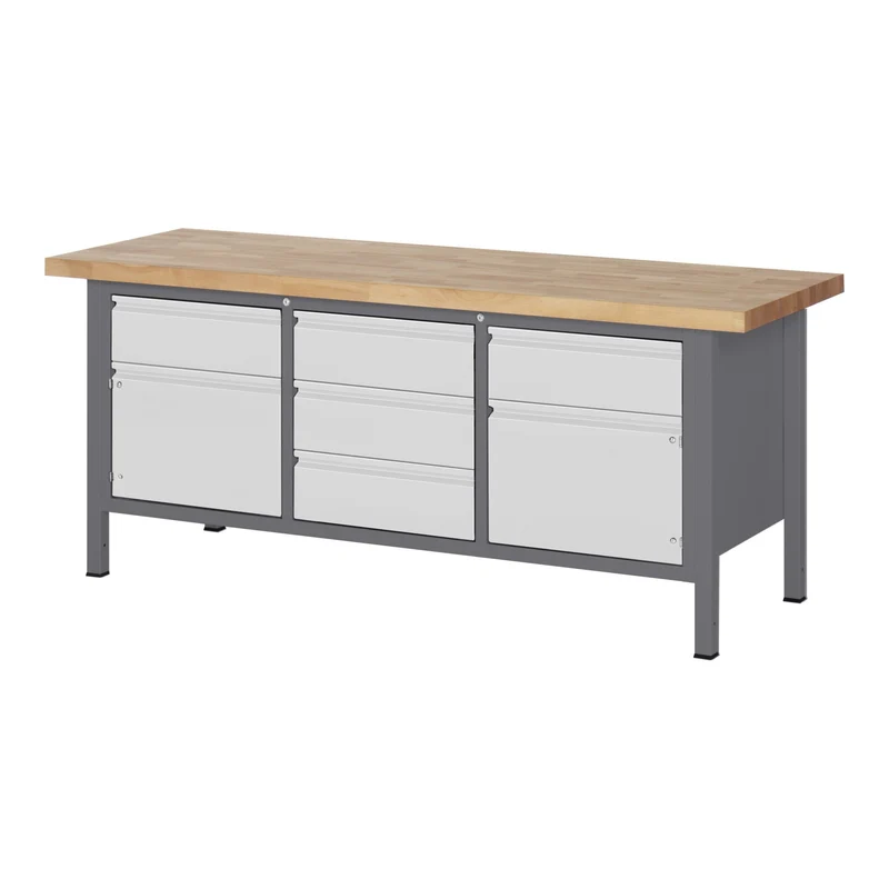 STIER Höhenverstellbare Werkbank Premium mit 2 Schubladen und 2 Flügeltüren BxTxH 1500x700x840-1040mm
