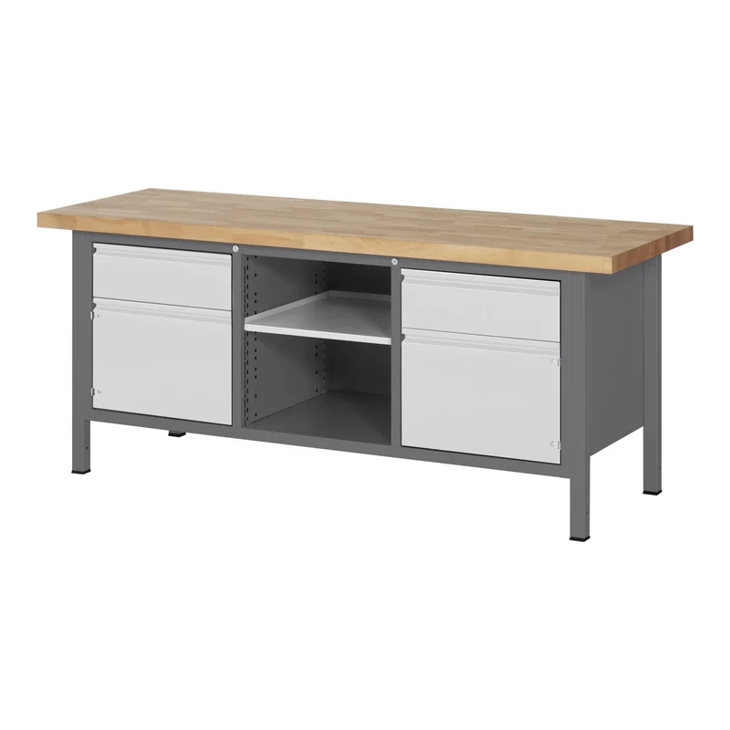 STIER Höhenverstellbare Werkbank Premium mit 2 Schubladen und 2 Flügeltüren BxTxH 1500x700x840-1040mm