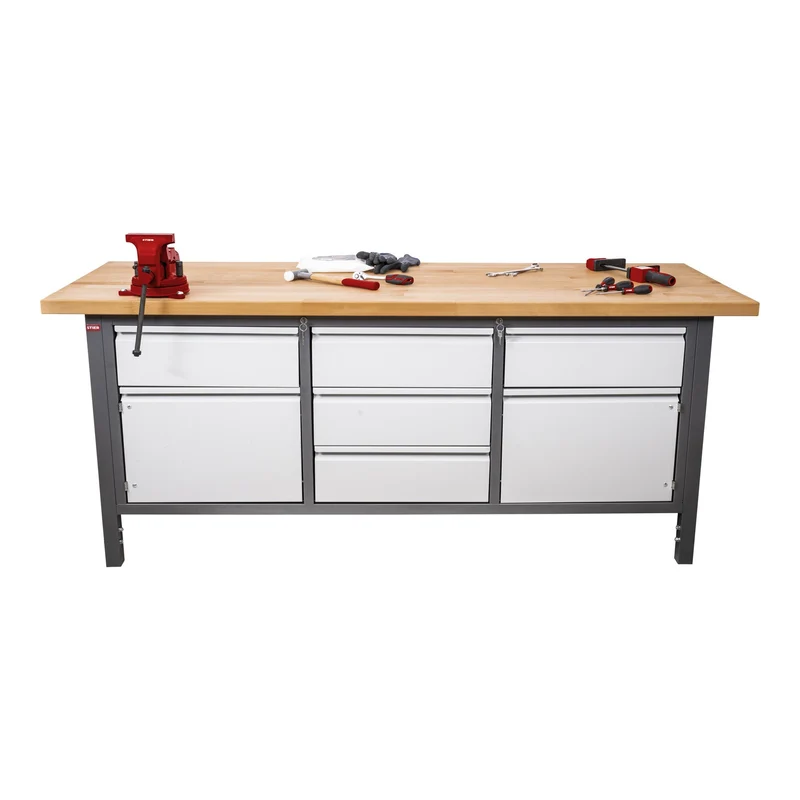 STIER Höhenverstellbare Werkbank Premium mit 2 Schubladen und 2 Flügeltüren BxTxH 1500x700x840-1040mm