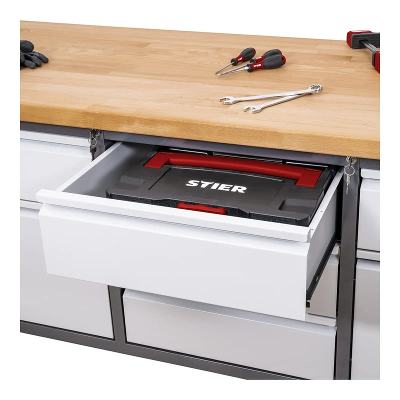 STIER Höhenverstellbare Werkbank Premium mit 2 Schubladen und 2 Flügeltüren BxTxH 1500x700x840-1040mm
