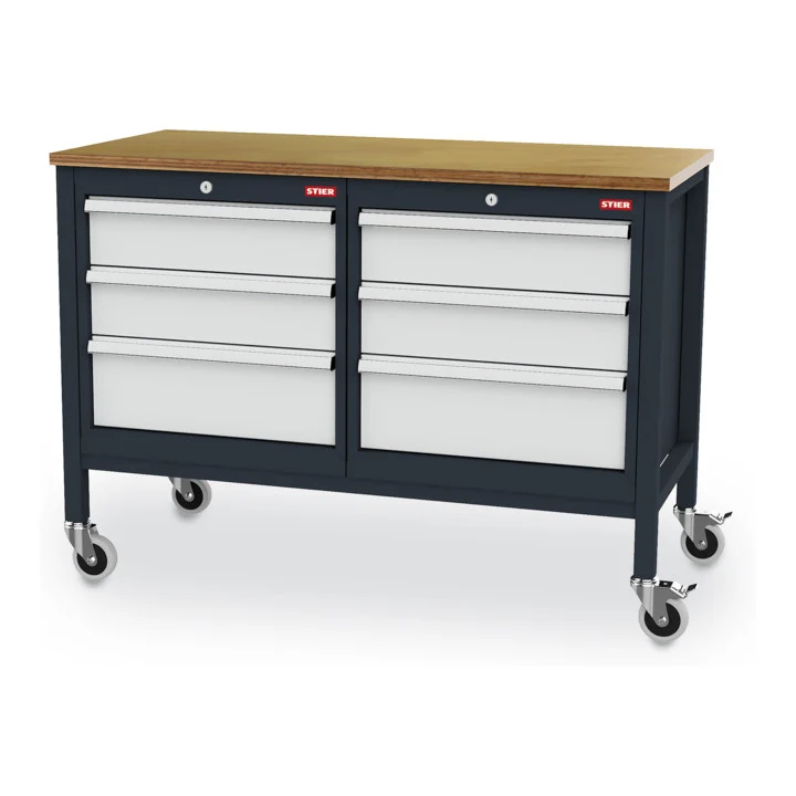 STIER Mobile Kastenwerkbank mit 6 Schubladen BxTxH 1300x600x960 mm RAL 7016 / RAL 7035