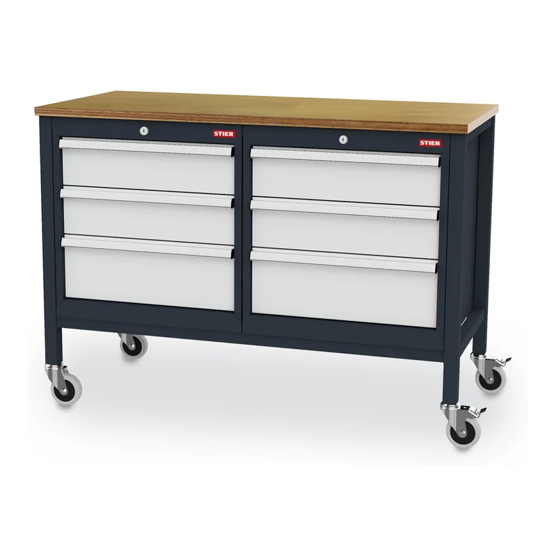 STIER Mobile Kastenwerkbank mit 6 Schubladen BxTxH 1300x600x960 mm RAL 7016 / RAL 7035