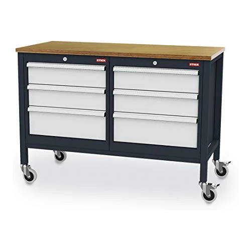 STIER Mobile Kastenwerkbank mit 6 Schubladen BxTxH 1300x600x960 mm RAL 7016 / RAL 7035