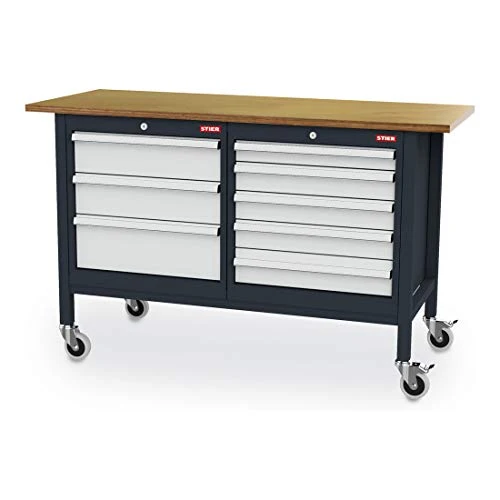STIER Mobile Kastenwerkbank mit 6 Schubladen BxTxH 1300x600x960 mm RAL 7016 / RAL 7035