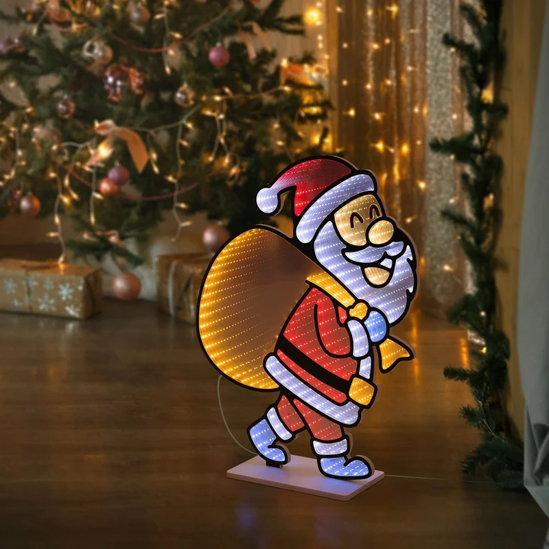ECD Germany | Weihnachtsdeko Weihnachtsmann mit Geschenkesack LED Infinity Mirror 3D-Effekt 47x60 cm Weihnachtsbeleuchtung Innen Spiegel Lichterkette
