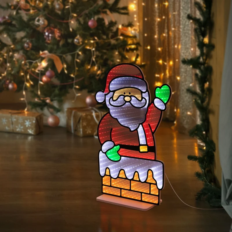 ECD Germany | Weihnachtsdeko Weihnachtsmann mit Kamin LED Infinity Mirror 38x60 cm, Weihnachtsbeleuchtung Innen, 3D Dekofigur, Spiegel Lichterkette