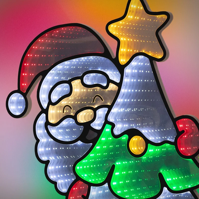 ECD Germany | Weihnachtsdeko Weihnachtsbaum mit Weihnachtsmann LED Infinity Mirror 58x80 cm Weihnachtsbeleuchtung Innen 3D Spiegel Lichterkette Timer