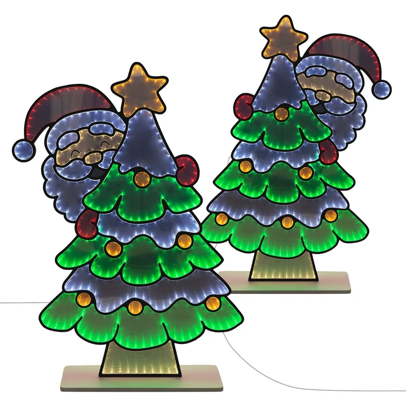 ECD Germany | Weihnachtsdeko Weihnachtsbaum mit Weihnachtsmann LED Infinity Mirror 58x80 cm Weihnachtsbeleuchtung Innen 3D Spiegel Lichterkette Timer