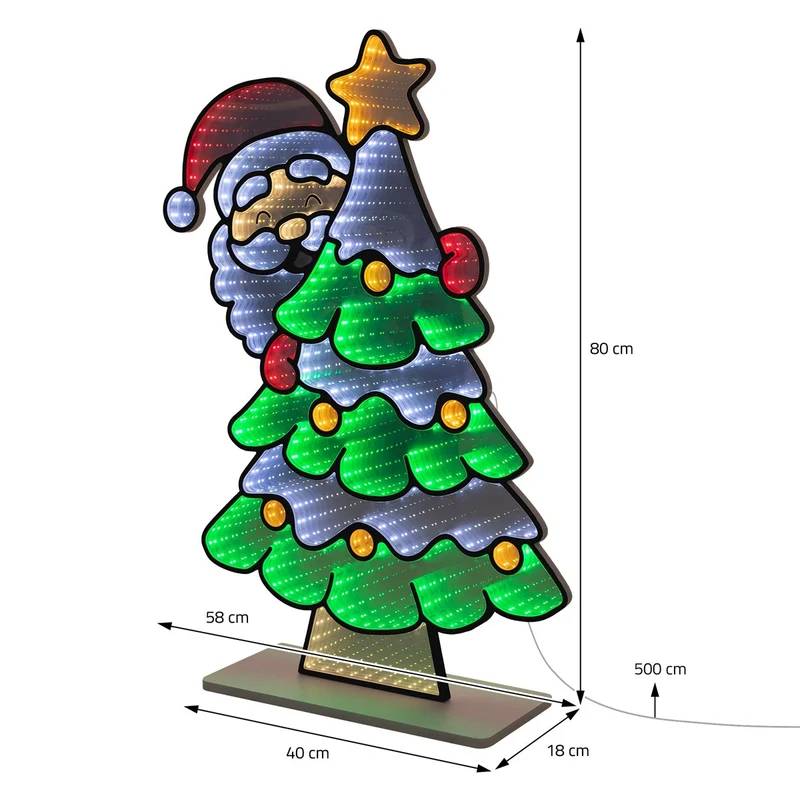 ECD Germany | Weihnachtsdeko Weihnachtsbaum mit Weihnachtsmann LED Infinity Mirror 58x80 cm Weihnachtsbeleuchtung Innen 3D Spiegel Lichterkette Timer
