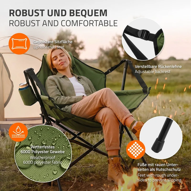 B-Ware Campingstuhl faltbar, Khaki, Outdoor Klappstuhl mit Stahlgestell, Getränkehalter, Nackenkissen & Tasche, Schaukelstuhl Angelstuhl