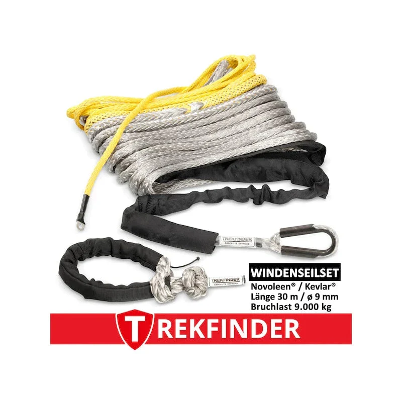 Kunststoffwindenseil inkl. Softschäkel aus NOVOLEEN® grau / KEVLAR® gelb - Ø: 9 mm / Länge: 30 m / Systembruchlast: 9 t - inkl. Prüfbuch - von Trekfinder