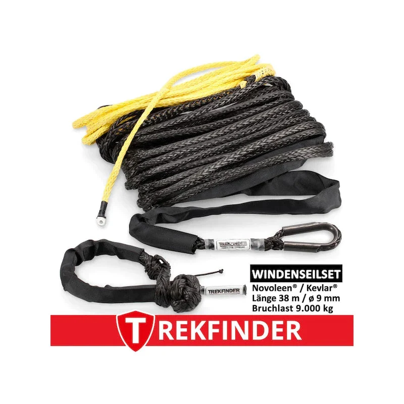 Kunststoffwindenseil inkl. Softschäkel aus NOVOLEEN® schwarz / KEVLAR® gelb - Ø: 9 mm / Länge: 38 m / Systembruchlast: 9 t - inkl. Prüfbuch - von Trekfinder