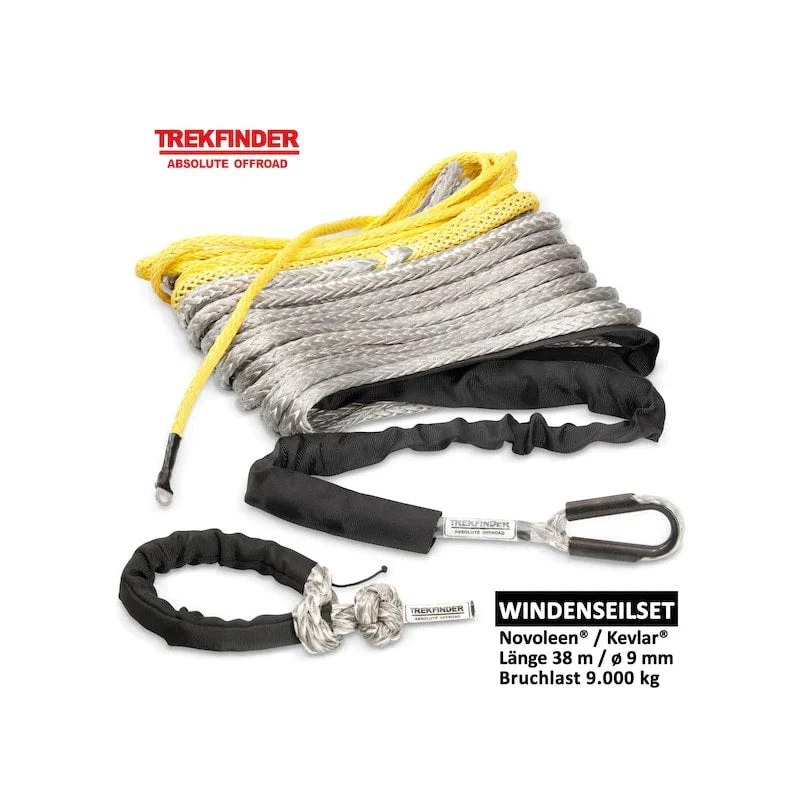 Kunststoffwindenseil inkl. Softschäkel aus NOVOLEEN® grau / KEVLAR® gelb - Ø: 9 mm / Länge: 38 m / Systembruchlast: 9 t - inkl. Prüfbuch - von Trekfinder