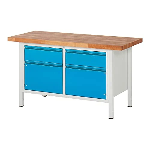 STIER Höhenverstellbare Werkbank Premium mit 2 Schubladen und 2 Flügeltüren BxTxH 1500x700x840-1040mm RAL 7035 / RAL 5012