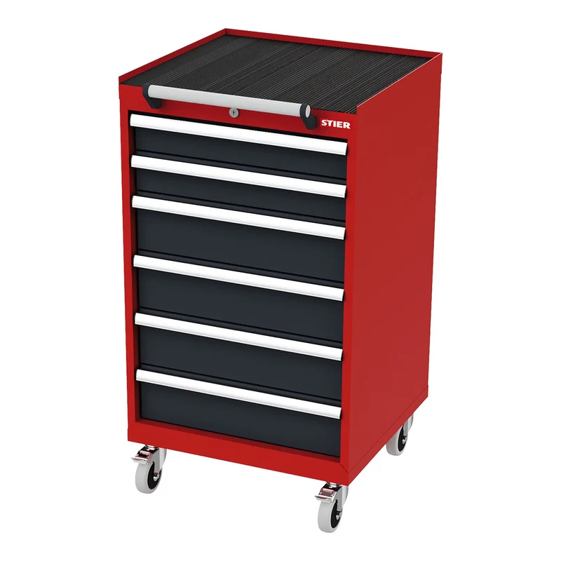 STIER Mobiler Schubladenschrank mit 5 Schubladen BxTxH 600x575x790 mm rot/anthrazitgrau, RAL 3020 / RAL 7016