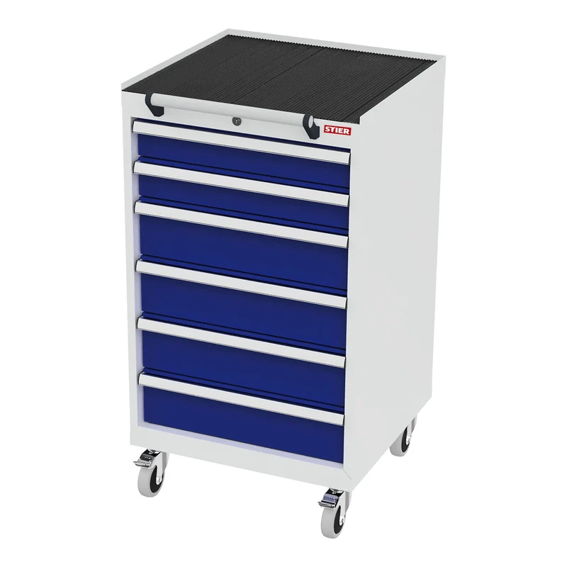 STIER Mobiler Schubladenschrank mit 5 Schubladen BxTxH 600x575x790 mm lichtgrau/enzianblau, RAL 7035 / RAL 5010